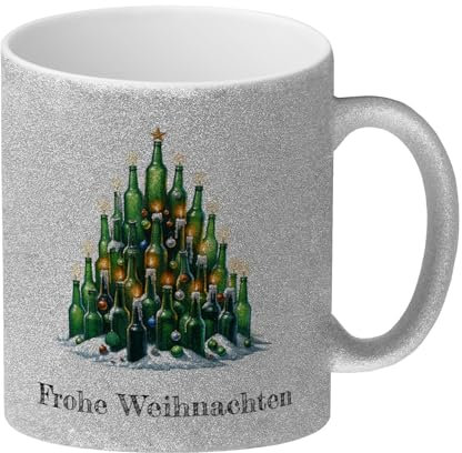 Weihnachtsbaum aus Bierflaschen Glitzer-Kaffeebecher und Spruch Frohe Weihnachten Weihnachtstasse als Festliches Deko-Unikat mit Lichtern, Kerzen und Kugeln, Tasse ideal für