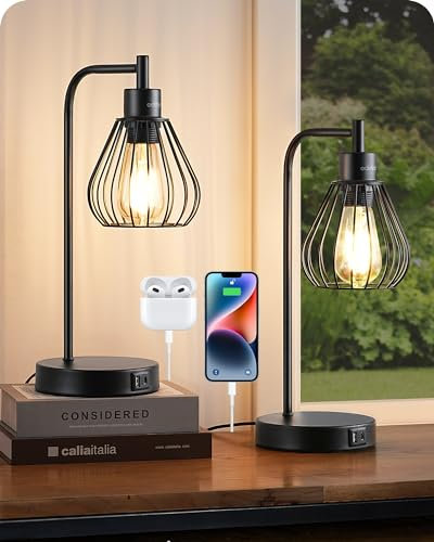 EDISHINE Tischlampe Touch Dimmbar 2er Set, Nachttischlampe mit USB A+C Ladeanschlüssen, Metallgitter-Lampenschirm, E27 Industrial Schreibtischlampe für Wohnzimmer, inkl. LED-Birne, 40cm, Schwarz