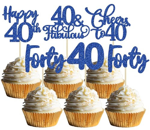 30 Pack Happy 40th Birthday Cupcake Toppers Dark Blue Glitter Forty Cheers to 40 Years Old Birthday Cupcake Picks for Happy 40th Birthday Anniversary Party Cake Decorations