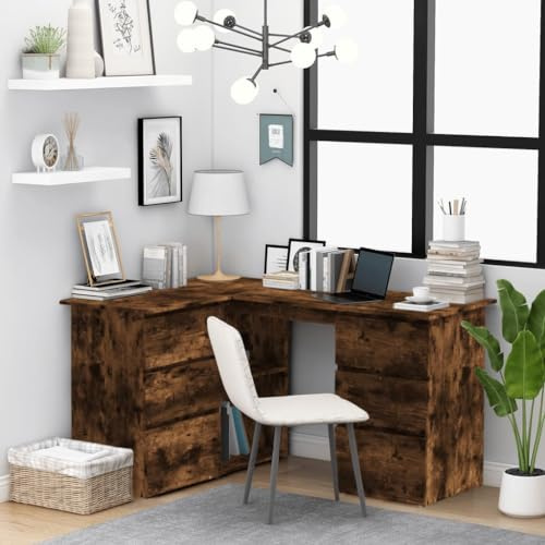 CKioict Escritorio esquinero de roble ahumado, 145 x 100 x 76 cm, material de madera, mesa de oficina, gaming, escritorio para ordenador, adecuado para oficinas, apartamentos, espacios vacíos