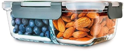 Checkmart Contenitore in vetro a 2 scomparti per preparazione di pasti con coperchi ermetici SnapLock, controllo delle porzioni, conservazione degli alimenti, senza BPA, adatto per microonde,
