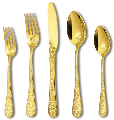 Runfly Vintage Carved Floral Gold Silverware Set for 4, Stainless Steel 20-Piece Flatware Set with Knife/Fork/Spoon, Cutlery Set for Home and Kitchen, Modern Utensil Set