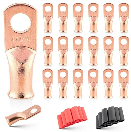 RED WOLF 4 AWG 5/16(M8) 20PCS Wire Lugs Ring Terminal Connectors Ends, 4 Gauge Battery Cable Copper Connector Ring Ends Stud w/Heat Shrink Tubing 3:1 Black Red for Automotive Electrical