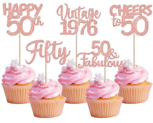 SYKYCTCY 30 Pack Happy 50th Birthday Cupcake Toppers Glitter Fifty Vintage 1976 Cupcake Picks Cheers to 50 Fabulous Cake Decorations for 50th Birthday Wedding Anniversary Party Supplies Rosegold