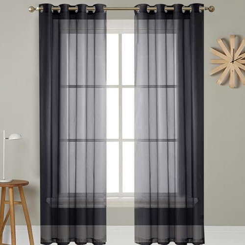 GAIFNAG Gardinen Vorhänge Leinenvorhang mit Ösen 220 x 95 cm Transparent Wohnzimmer Luftig Dekoschal, Waschbar, Kürzbar Fadenvorhang Fadengardine Türvorhang für Hochzeit Fenster Wohnzimmer, Schwarz