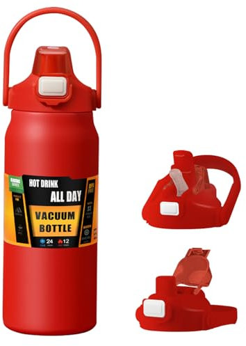 Isolierte Wasserflasche mit Strohhalm und auslaufsicherem Deckel, BPA-freier Edelstahl, breite Öffnung, Sport-Trinkflasche mit tragbarem Griff, doppelwandig, Vakuum hält kalt und heiß, 800 ml, Rot