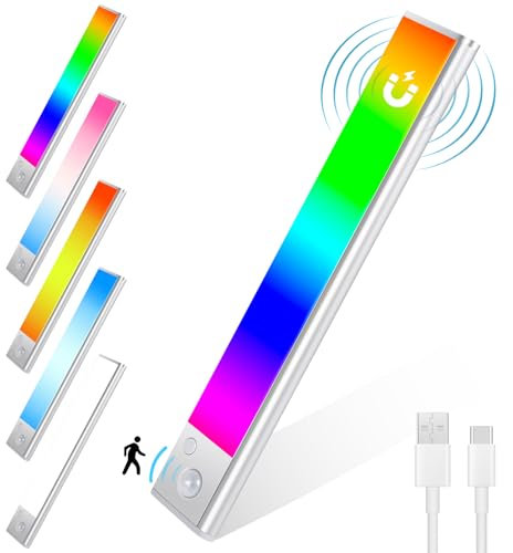 Euakee 23CM RGB IC LED Lightbar Senza Fili con Rilevatore di Movimento, Luce Sotto Armadio Cucina Dimmerabile, Barra Luminosa Ricaricabile USB Luce Notturna per Camera da Letto Decorazione