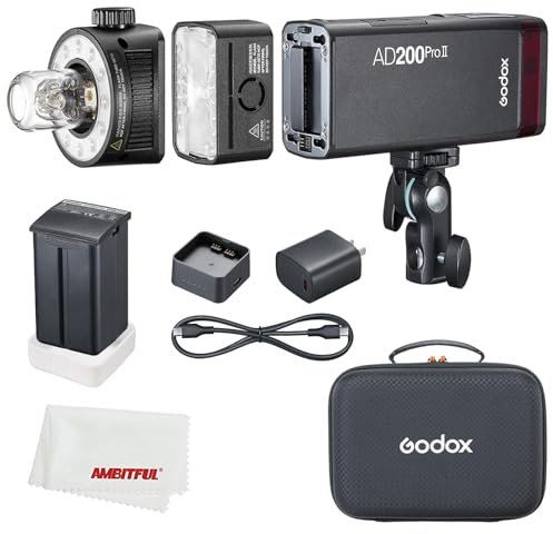 Godox AD200ProII AD200 pro II Flash Strobe,200Ws 1/512~1/1,1/8000 HSS, 0.01-1.8s Recycle Time, 2980mAh Battery,2.4G Wireiess X System,Bare Bulb/Speedlite Fresnel Flash Head (AD200Pro Upgraded)