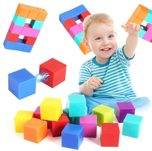 HOTUT Magnetiska byggstenar, 32 st färgglada magnetiska block, magnetisk byggleksak, magnetiska kubplattor för barn, Montessori-leksaker för pojkar och flickor