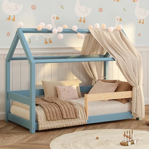 smartwood Hausbett 90x200 cm mit Rausfallschutz, Massivholz, Blau, Milo | Montessori Kinderbett, Einstiegshöhe 12cm, Lattenrost belastbar bis 230kg, Kiefernholz, Einfache Montage, ab 3 Jahren