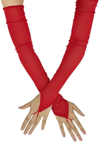 FSSTUD Guanti lunghi senza dita in tulle a rete guanti da sposa lunghezza gomito guanti da opera guanti da ballo guanti da festa guanti da braccio maniche rosse