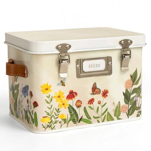 1Canoe2 Wildflower Botanicals Tin Seed Organizer Storage Box, Garden Seed Packet Vault Container, Gardening Supplies, Greenhouse Accessories, Gardening Gifts for Women