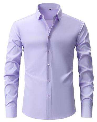 ABLYTMIAQ Camicia da uomo slim fit, non si stira, a maniche lunghe, camicia casual da lavoro, classica camicia con colletto con bottoni, taglie forti, XS-3XL, Viola chiaro, L