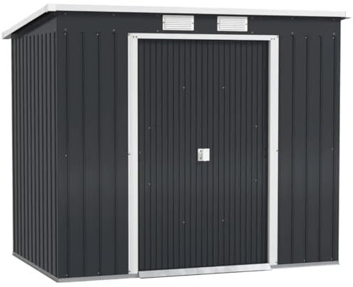 7 x 4ft Lean to Garden Shed with Foundation Kit, Double Door and Vents, Outdoor Metal Storage Shed for Equipment Tools, Dark Grey