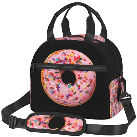 SDFHU Borsa termica per il pranzo con stampa a ciambella alla fragola grande capacità leggera borse portatili tasche posteriori con cerniera