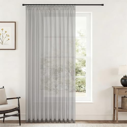 Topfinel 1 Stücke Gardinen Grau Wohnzimmer Kräuselband für SchienensystemVorhänge Halbtransparent Voile Vorhange Hell Vorhang Gardine 300x290cm