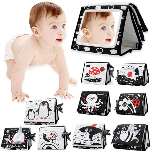 HaploS Baby Spiegel Spielzeug Mit Knisterbuch, Faltbares Schwarz Weiß Kontrast Babybuch, 0-6 Monate Bauchlage Spielzeug Mit, Für Lernspielzeug Für Neugeborene Baby Geschenk