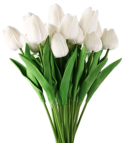 MUXHEL 30 unidades de tulipanes falsos artificiales como reales al tacto, flores artificiales, tulipanes blancos como verdaderos, flores falsas, para ramos de flores, ramo de boda, fiesta, cumpleaños