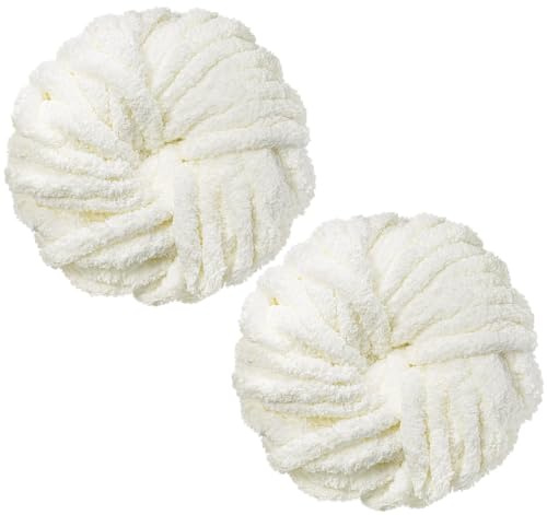 Dicke Wolle zum Häkeln 250g x 2, Chunky Yarn weiß für Decke Haustier Nest | Polyester Plüschgarn 2 cm Weiches dickes Häkelgarn für voluminöse Maschen und schnelle Häkel-, Strick- oder Webprojekte