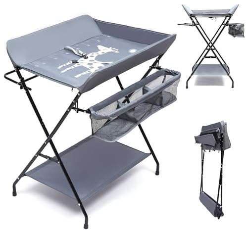 Wickeltisch Klappbar, Mobile Wickeltisch mit Wickelauflage, Sicherheitsgurt und Ablagefächern, Tragbar Wickeltische & -Kommoden für Baby Alter ist Weniger Als 12 Monate, bis 25kg, Grau
