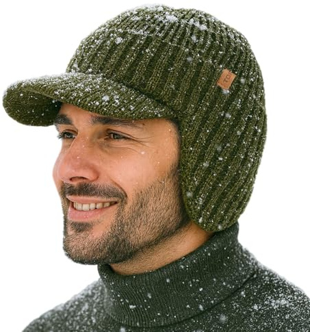TOP-EX DryKnit™ wasserdichte 80% Merinowolle Schirmmütze Herren, Winter Strickmützen Beanie Hat mit Schirm, Warm Winddicht Wollmütze mit Fleecefutter und Ohrenklappen für Running Camping, Grün M/L