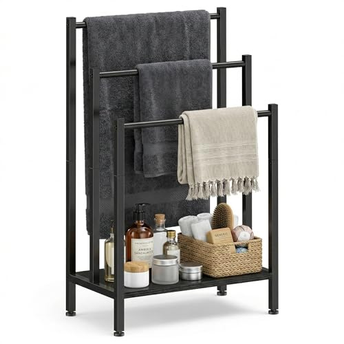 Freestanding Towel Rack, 3 Tier Metal Standing Towel Rack with Wooden Shelf, Blanket Holder and Bath Towel Drying Rack for Bathroom, Black