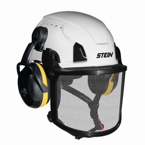 Arborist Chainsaw Safety Helmet Kit White – ARMORIS Helmet with Hellberg Secure 2 Ear Defenders 29SNR & Clear Protective Shell – STEIN