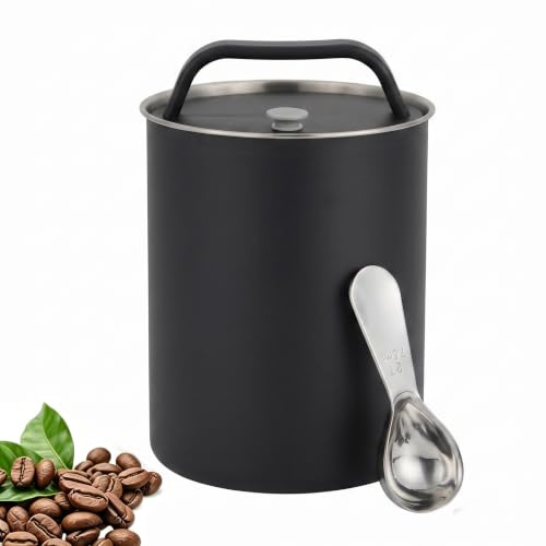 HAUSPROFI Kaffeedose Luftdicht für 1kg Kaffeebohnen, Kaffeebohnen Behälter mit Kaffeeportionierlöffe, Vorratsdosen Edelstahl mit Vakuumdeckel & Aromaverschluss für Tee Nüsse Kakao, Schwarz(2800 ml)