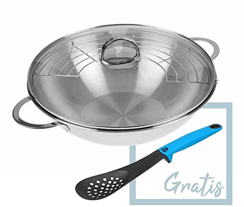 GRÄWE Wok en acier inoxydable de 32 cm avec couvercle en verre et grille de rangement