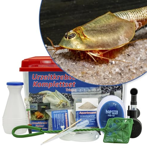 Triops longicaudatus Komplettset 6 l Aquarium, Eier, Futter und Zubehör | Enthält ca. 200 Urzeitkrebs-Eier, 6 l Aquarium, Filter, Luftpumpe, Futter, Zubehör und Anleitung für Einsteiger,Triopszucht