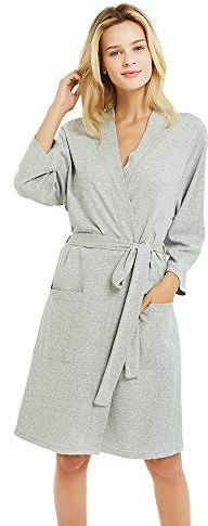 U2SKIIN Morgenmantel Damen 100% Baumwolle, leichter Bademantel Kimono Saunamantel Loungewear Hausmantel kurz (Grau, M)