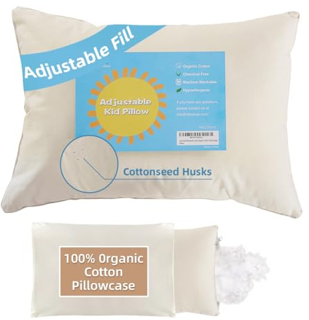 16x22 Kid Pillow with 100% Organic Cotton Pillowcase and Shell - Adjustable Youth Pillow Meets the Growth Need of Kids at Different Ages, Soft Non Toxic Pearl Filling, Machine Washable, Travel&School