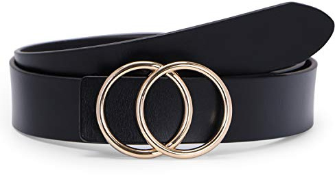SUOSDEY Stilvolle Gold Doppel Ring Schnalle Gürtel für Frauen Ledergürtel für Jeans Kleid Hosen Gürtel Breite 3,3 cm, Schwarz, Gürtellänge:110cm