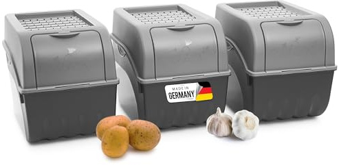 Novaliv Kartoffel Aufbewahrungsbox | 3x groß 9L | GRAU | Zwiebelbox | Gemüsebox stapelbar Kartoffelbox Zwiebel Aufbewahrung Kartoffelkorb Obstbehälter Kartoffelkiste Frischhaltedose