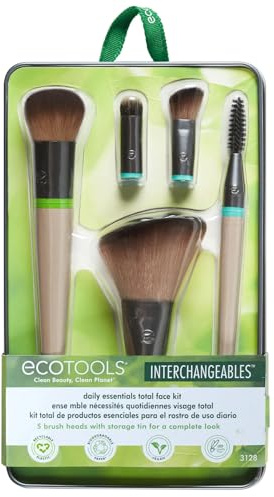EcoTools Daily Essentials Face Kit Interchangeables Makeup Brush Set with 5 Brushes, 2 Handles, and Storage Tin