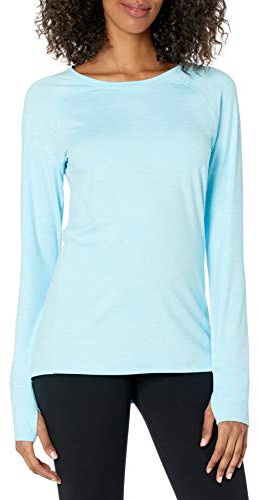 Amazon Essentials Women's Brushed Tech Stretch Long-Sleeve Crewneck Shirt (Available in Plus Size), Sky Blue, Small
