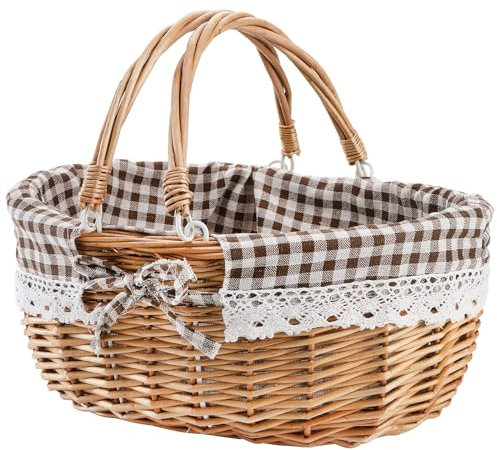 Peohud Wicker Picnic Basket with Double Folding Handles, Empty Gifts Baskets, Woven Easter Basket, Willow Picnic Hamper Garden Harvest Basket for Easter Egg Gathering, Candy, 35cm L x 27cm W x 15cm H