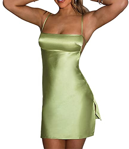 FeMereina Women Spaghetti Strap Satin Mini Dress Y2K Low Cut Slip Party Dress Backless Cutout Tie Up Slit Cami Dress Nightwear (Green, S)