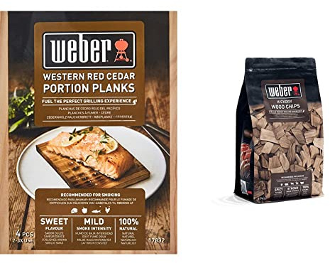 Weber 17832 Räucherbretter aus Zedernholz 11x15 cm, 4 Stück, Räuchern, Aroma, Grillen & 17624 Räucherchips Hickory 700g, Räuchern, Aroma, Grillen, Braun, 17.8x8.9x30.5 cm