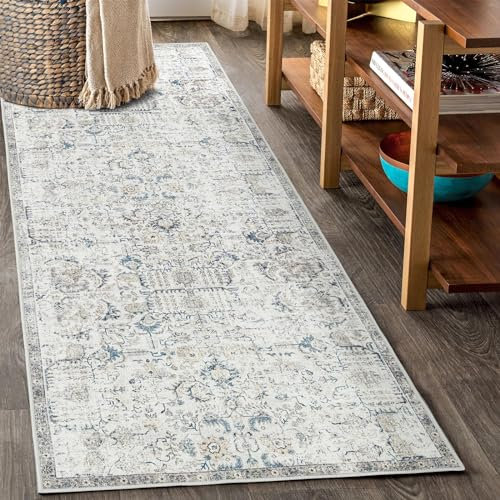 TOPICK Läufer 60x300cm Blau Teppiche Vintage Waschbar Teppichläufer Flur Innenbereich Retro Faltbar Dünner Multi Floral Boho rutschfeste Badezimmer Küche Schlafzimmer Wohnzimmer