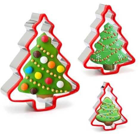 Christmas Tree Cookie Cutters 3PCS, Stainless Steel Christmas Cookie Cutter Tools with Red Environmental PVC, Christmas tree Shape Moulds Set for Baking