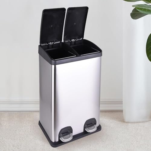 STARNINE 40L Compartment Recycling Bin Kitchen Pedal Dust Bin Removable Compartment Waste Separation Bin Stainless Steel Kitchen Waste Bin (40L (2 x 20L Compartments))