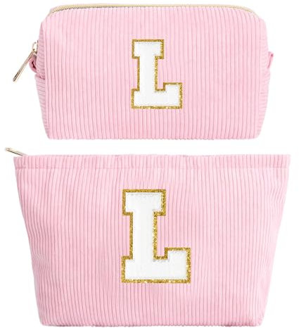 Kosmetiktasche Damen, Cord-Reise Schminktasche, Make Up Tasche Organizer mit Kulturtasche Tragbare Makeup Bag, Personalisierte Geschenke für Frauen Mädchen Rosa Kosmetiktasche mit Buchstaben L