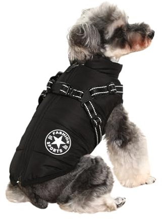 BT Bear Warme Hundemäntel, wasserdichte Hundekleidung, warme Winterweste, Hundejacke mit Geschirr für Welpen, kleine Hunde (Schwarz, S)