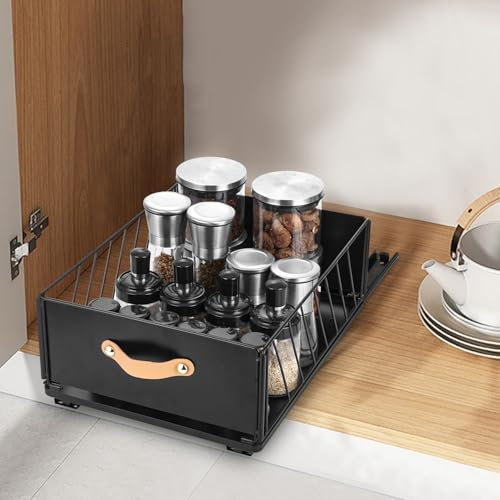 Cexovo Tiroir Coulissant TelescopiqueTiroir Coulissant Cuisine Panier De Rangement En Maille Avec Poignée Pour Cuisine,40x30x16 cm,pour Armoires de Cuisine,La Cuisine,à La Chambre à Coucher,Noir