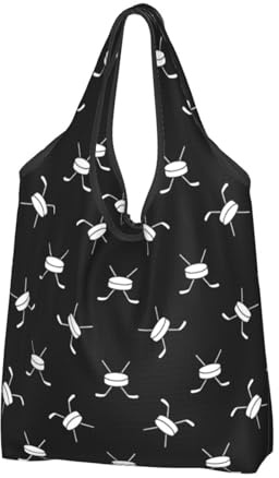 Buewutiry Large Tote Bag for Women - Lightweight cool hockey Stick puck black white Reusable Grocery Bags Foldable, Shopping Bags for Groceries, Cloth Bags Work Beach Travel with Handles