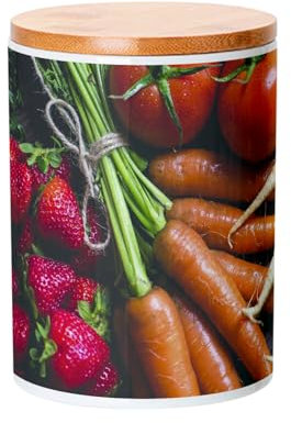 Keramiktopf mit Deckel Bambus - Verschiedene Frisches Obst und Gemüse Karotten Orange und Weiß Erdbeeren Trauben Kiwi Tomaten Äpfel Gesunde Lebensmittel Vegan Miam - 739 ml (25 oz) - Topf