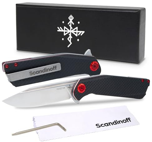Scandinoff Klappmesser - Einhandmesser - 95mm Klinge - Taschenmesser - Klingenform „Modern SEAX“ - Sandvik 14C28N Stahl - EDC Messer für Outdoor, Wandern | Folding Knife | Pocketor 95 Carbon Fiber
