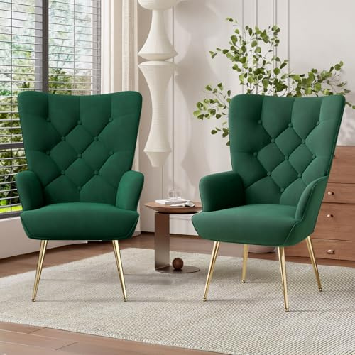 Hawthyhome 2er-Set eleganter Sessel polsterstuhl Ohnzimmer Sessel Schminktisch Stuhl mit Metall Beinen fürs Wohnzimmer/Schlafzimmer Bis 150 KG belastbar Grün