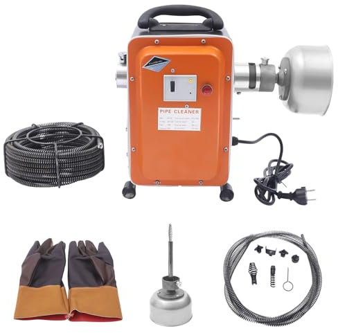 Máquina de limpieza de tuberías, 750 W, eléctrica, con guantes, 400 rpm, para tuberías de Ø 20 a 150 mm, con espirales de 10 mm de diámetro y 16 mm de diámetro, para baño, cocina